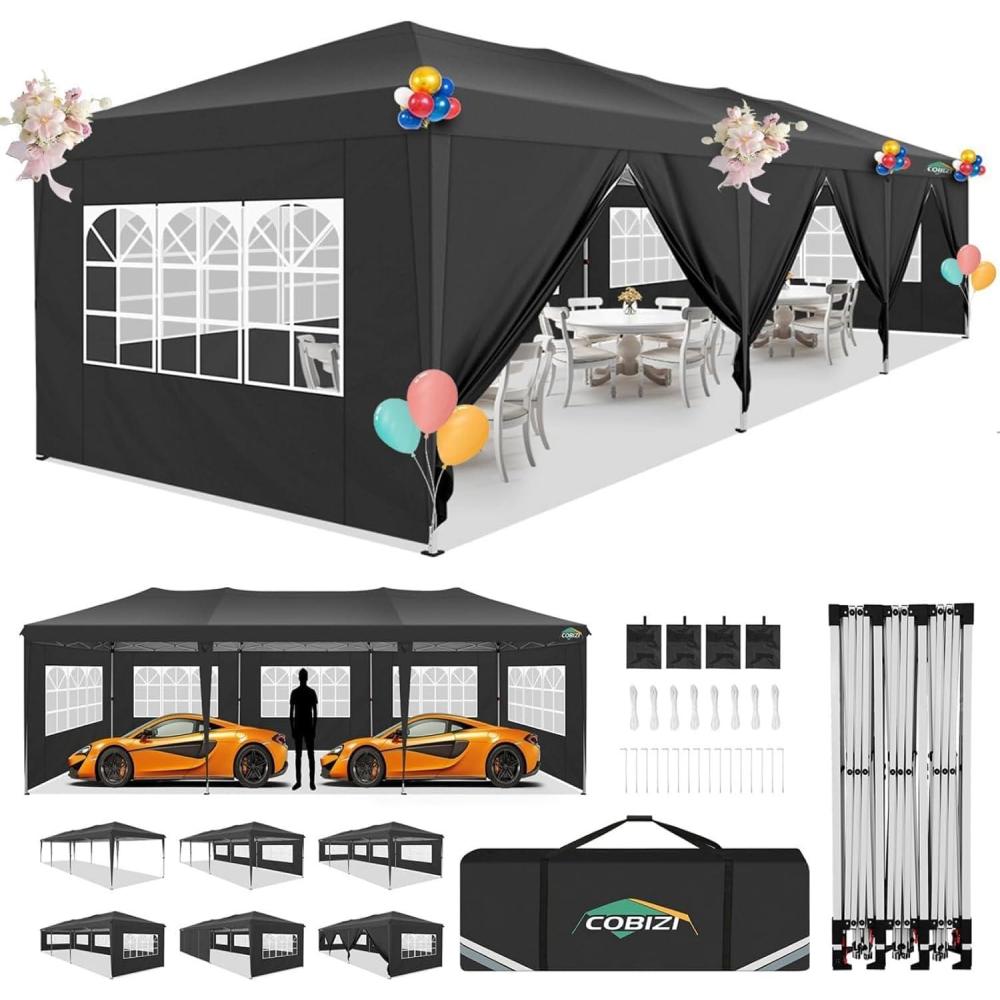 image:imageCOBIZI 10x30 Pop Up Canopy Tent 10x30 Outdoor Party Tent with 8 Removable Sidewalls UPF 50 Waterproof Portable Canopy for Parties Commercial Event with Carry Bag and 4 Sandbags Black 10x30