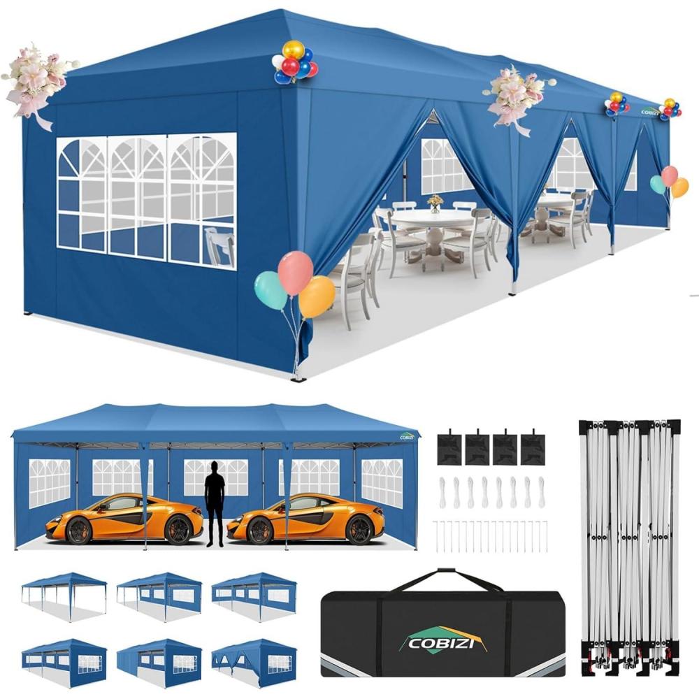 image:imageCOBIZI 10x30 Pop Up Canopy Tent 10x30 Outdoor Party Tent with 8 Removable Sidewalls UPF 50 Waterproof Portable Canopy for Parties Commercial Event with Carry Bag and 4 Sandbags Blue 10x30