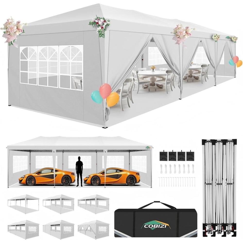 image:imageCOBIZI 10x30 Pop Up Canopy Tent with 8 Removable Sidewalls Waterproof Commercial Instant Shelter Outdoor Party Tent Portable Canopy Tent for Parties with Carry Bag and 4 Sandbags White 10x30