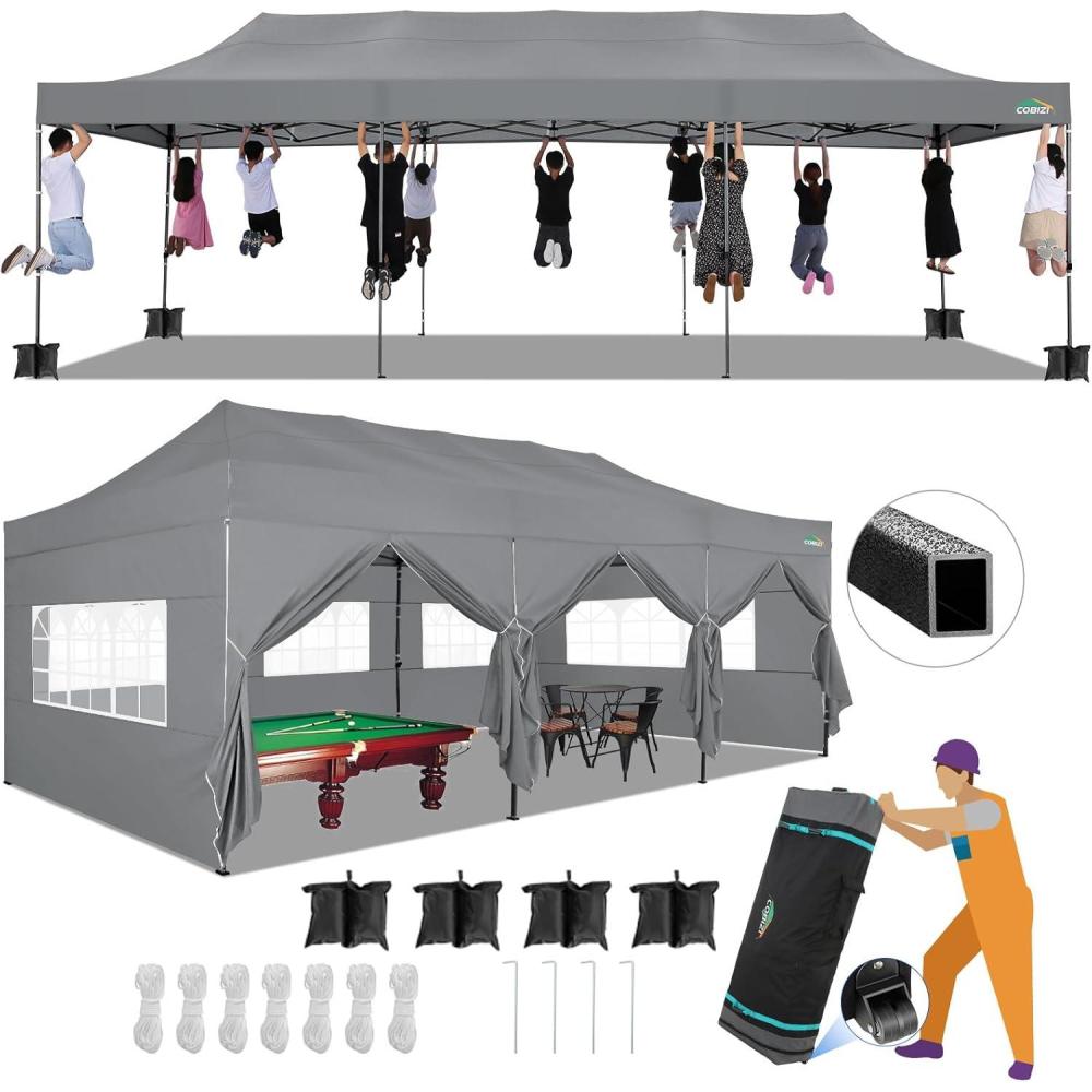 image:imageCOBIZI 10x30 Pop up Canopy Tent 10x30 Canopy with Sidewalls Heavy Duty Party Tent Tents for Parties Foldable UPF 50 Waterproof Commercial Easy up Canopy with Roller Bag GreyWindproof Upgraded