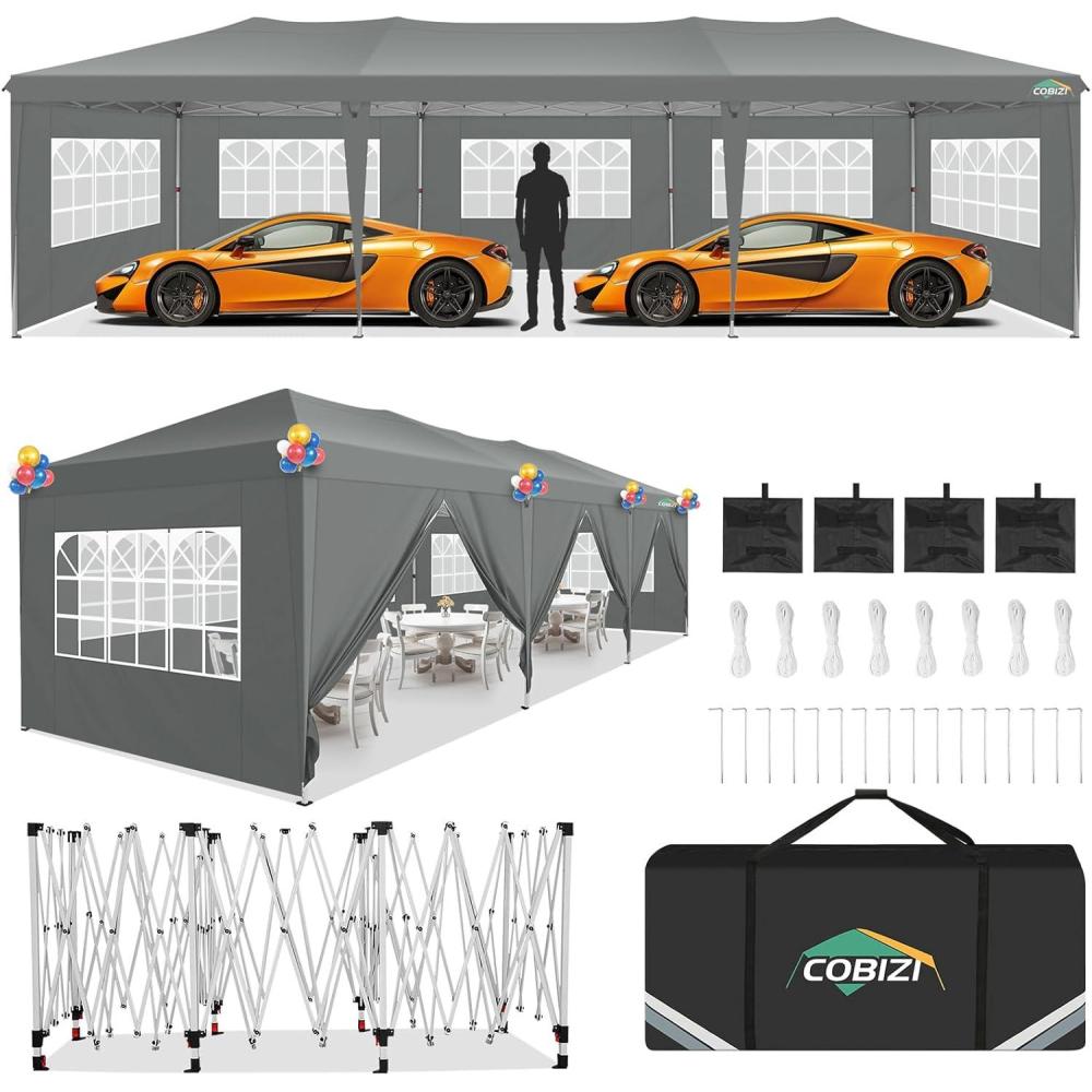 image:imageCOBIZI 10x30 Pop up Canopy Tent for Parties Protable Canopy Tent with 8 Sidewalls Waterproof Commercial Instant Shelter Tent for Wedding Courtyard with Carry Bag and 4 Sandbags10x30FT Grey