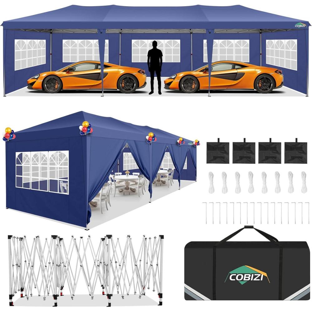 image:imageCOBIZI 10x30 Pop up Canopy Tent for Parties Protable Canopy Tent with 8 Sidewalls Waterproof Commercial Instant Shelter for Wedding Courtyard with Carry Bag and 4 Sandbags10x30FT Navy Blue