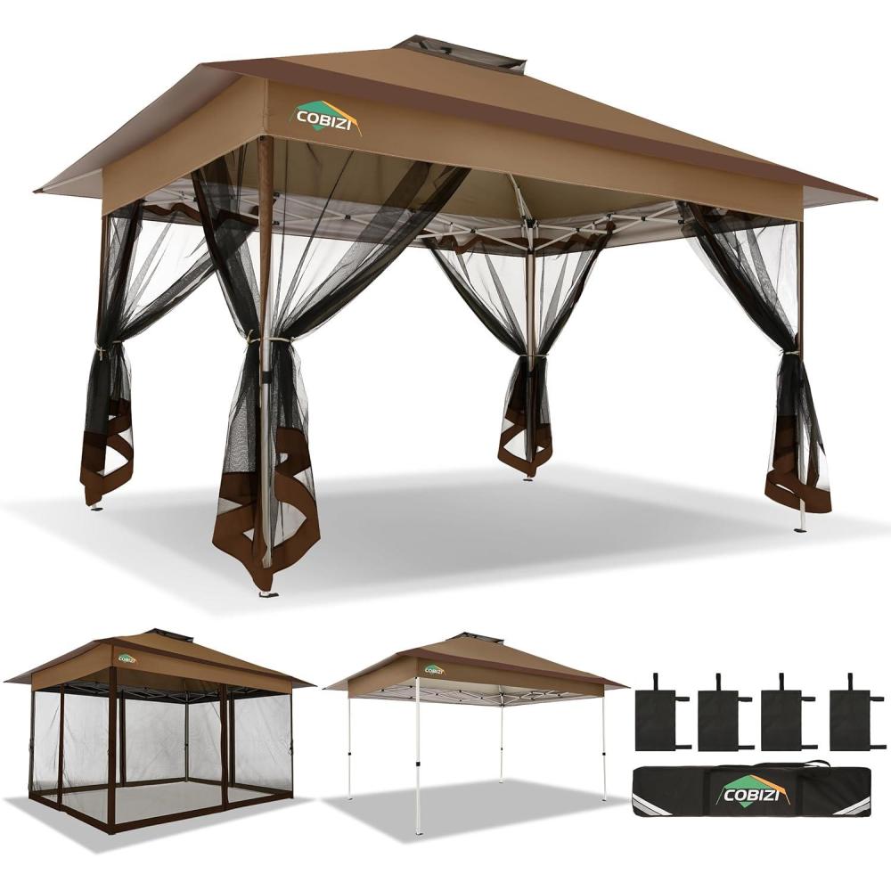 image:imageCOBIZI 11x11 Pop Up Gazebo OnePush Canopy Tent Carpas Para Patio Outdoor Canopy Shelter with Double Roof Ventiation 121 Square Feet of Shade for Lawn Garden Backyard and Deck Gray Upgraded 20BrownUpgraded