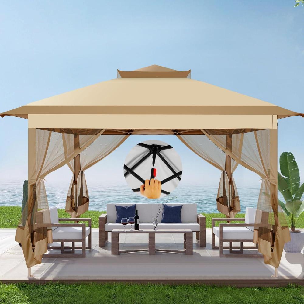 image:imageCOBIZI 11x11 Pop Up Gazebo OnePush Canopy Tent Carpas Para Patio Outdoor Canopy Shelter with Double Roof Ventiation 121 Square Feet of Shade for Lawn Garden Backyard and Deck Gray Upgraded 20Khaki