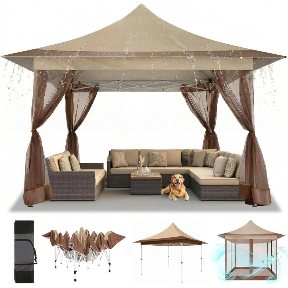 image:imageCOBIZI 12x12 Pop Up Gazebo On Clearance Upgrade Easy Up Metal Outdoor Canopy Waterproof Portable Gazebo with Mosquito Nettings 4 Ropes 8 Stakes and Carry Bag for Patio GardenLight GrayKhaki 3 Year Warranty