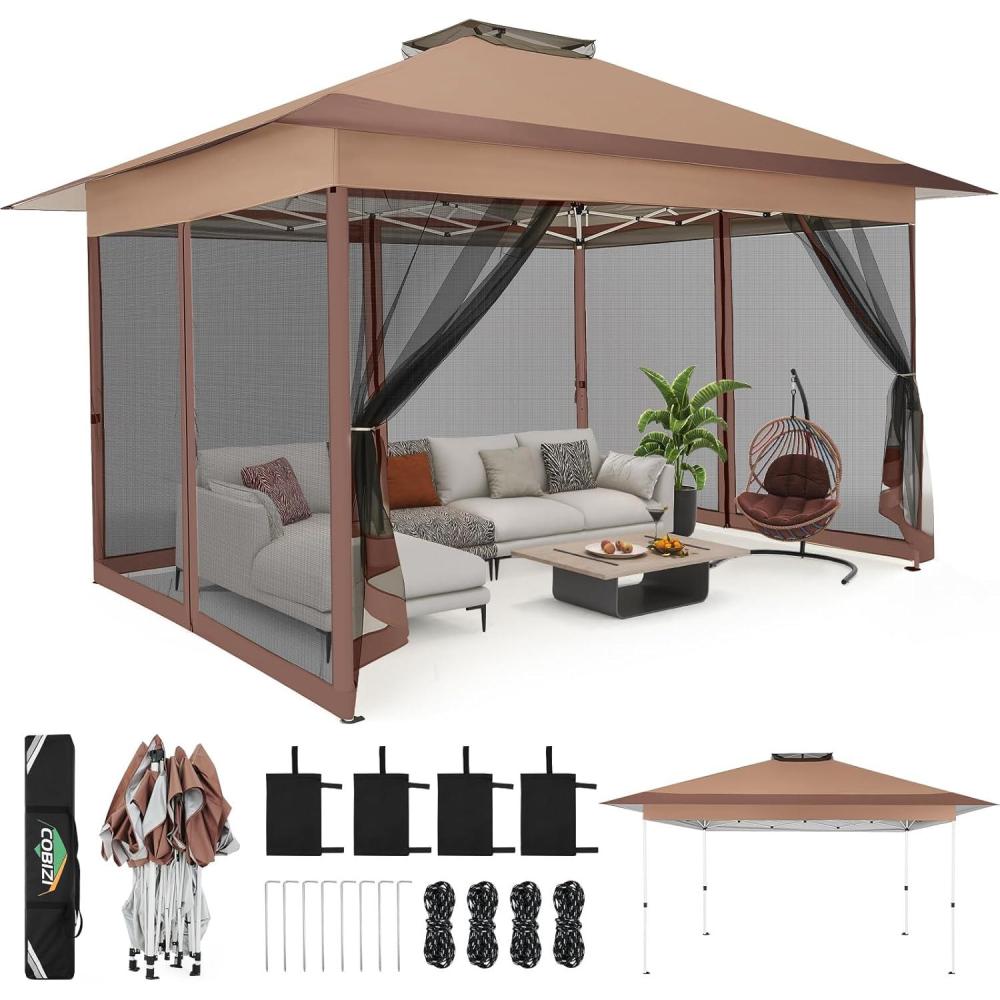 image:imageCOBIZI 12x12 Pop Up Gazebo On Clearance Upgrade Easy Up Metal Outdoor Canopy Waterproof Portable Gazebo with Mosquito Nettings 4 Ropes 8 Stakes and Carry Bag for Patio GardenLight GrayCoffee