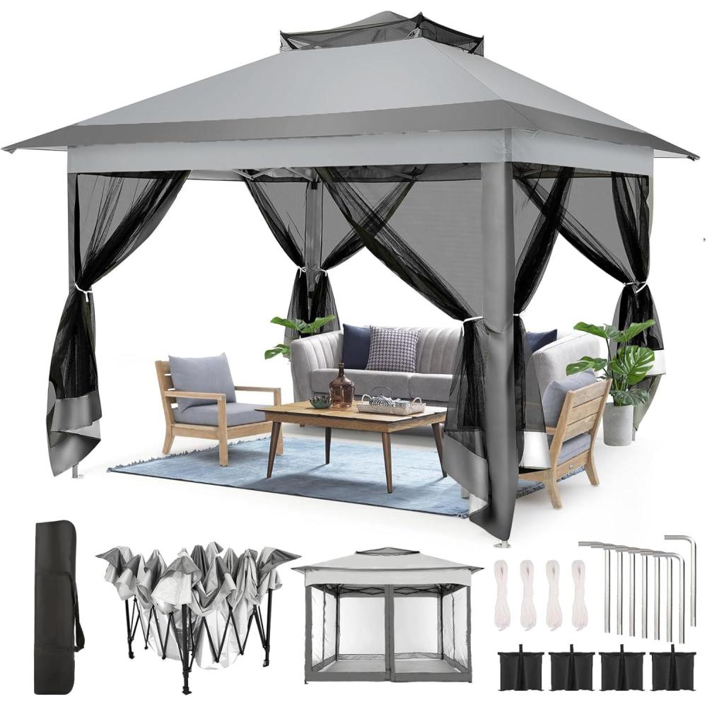 image:imageCOBIZI 12x12 Pop Up Gazebo On Clearance Upgrade Easy Up Metal Outdoor Canopy Waterproof Portable Gazebo with Mosquito Nettings 4 Ropes 8 Stakes and Carry Bag for Patio GardenLight GrayDark GrayUPF50