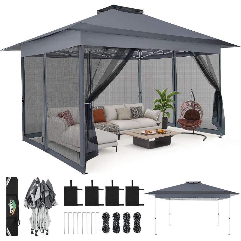 image:imageCOBIZI 12x12 Pop Up Gazebo On Clearance Upgrade Easy Up Metal Outdoor Canopy Waterproof Portable Gazebo with Mosquito Nettings 4 Ropes 8 Stakes and Carry Bag for Patio GardenLight GrayDark Gray