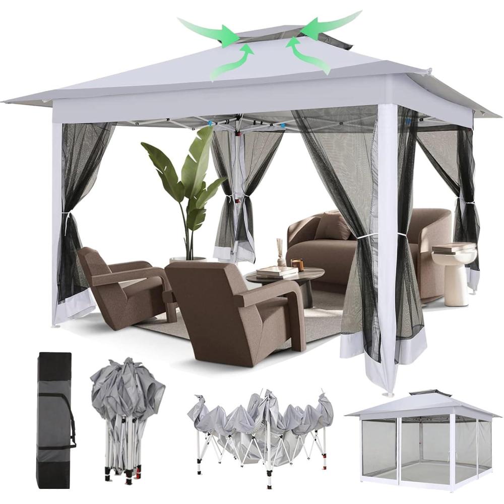 image:imageCOBIZI 12x12 Pop Up Gazebo On Clearance Upgrade Easy Up Metal Outdoor Canopy Waterproof Portable Gazebo with Mosquito Nettings 4 Ropes 8 Stakes and Carry Bag for Patio GardenLight GrayLight GrayUPF50