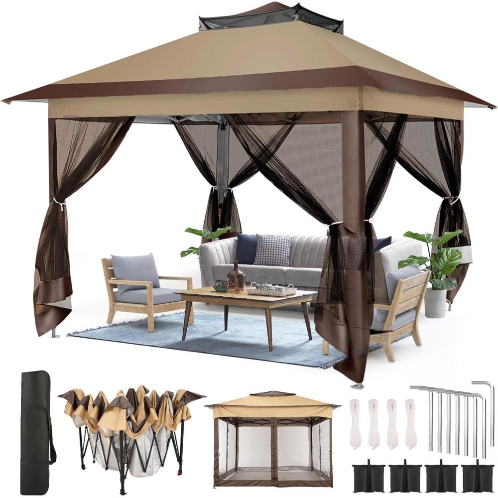 image:imageCOBIZI 12x12 Pop Up Gazebo On Clearance Upgrade Easy Up Metal Outdoor Canopy Waterproof Portable Gazebo with Mosquito Nettings 4 Ropes 8 Stakes and Carry Bag for Patio GardenLight GrayCoffeeUPF50