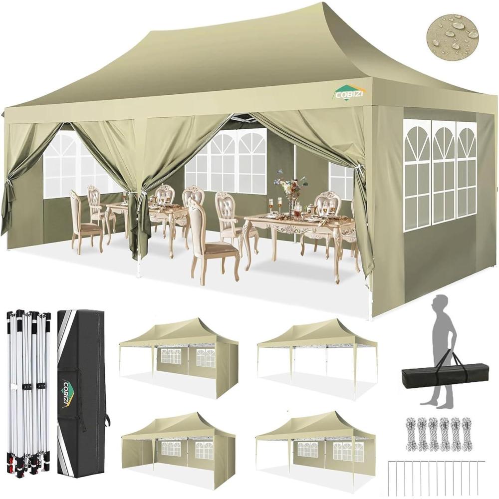 image:imageCOBIZI 12x12 Pop Up Gazebo On Clearance Upgrade Easy Up Metal Outdoor Canopy Waterproof Portable Gazebo with Mosquito Nettings 4 Ropes 8 Stakes and Carry Bag for Patio GardenLight GrayKhaki