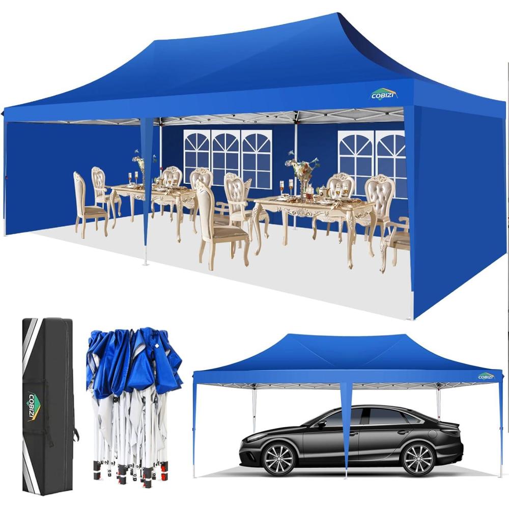 image:imageCOBIZI 12x12 Pop Up Gazebo On Clearance Upgrade Easy Up Metal Outdoor Canopy Waterproof Portable Gazebo with Mosquito Nettings 4 Ropes 8 Stakes and Carry Bag for Patio GardenLight GrayLight Blue