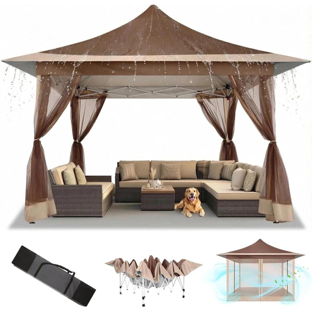 image:imageCOBIZI 12x12 Pop Up Gazebo On Clearance Canopy Tent Easy Up Outdoor Gazebo Waterproof Upgrade with Mosquito Nettings and Carry Bag for Patio Garden LawnBrown 3 Year Warranty