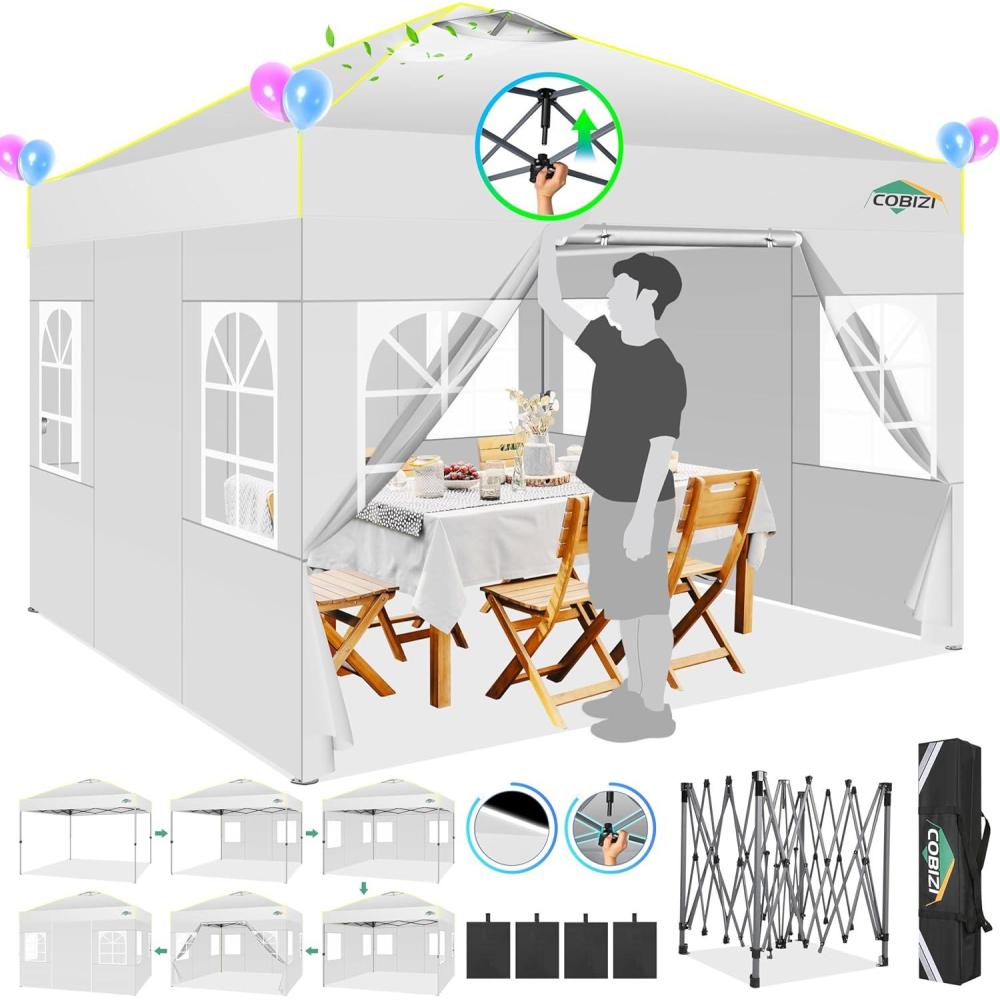 image:imageCOBIZI Canopy 10x10 Pop Up Canopy Tent 1Button Push Easy up Outdoor Canopy Instant Portable Commercial Shelter Waterproof UPF50 Gazebo with Reflective Strip Air Vent amp 4 SandbagsKhakiWhite