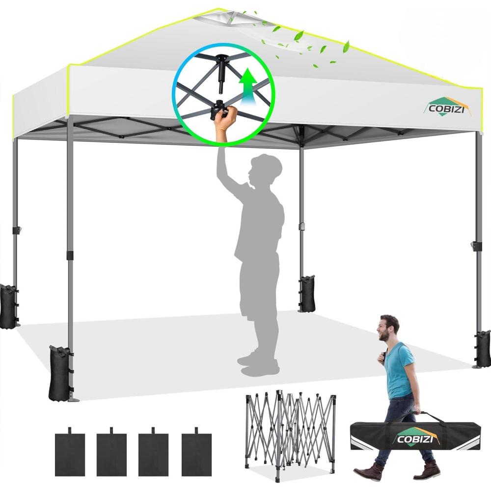 image:imageCOBIZI Canopy 10x10 Pop Up Canopy Tent 1Button Push Easy up Outdoor Canopy Instant Portable Commercial Shelter Waterproof UPF50 Gazebo with Reflective Strip Air Vent amp 4 SandbagsWhite