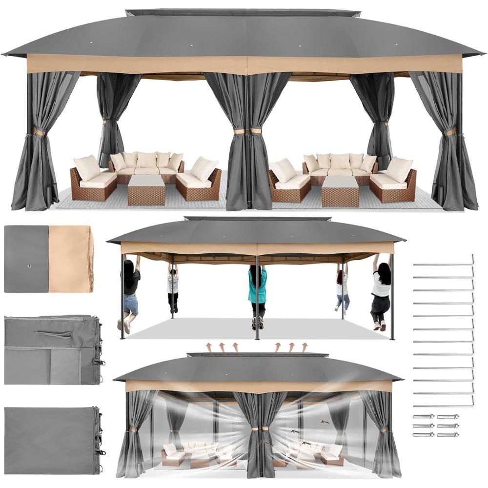 image:imageCOBIZI Gazebo 12x20 Heavy Duty Gazebo with Curtain and Nettings Outdoor Gazebo Double Roof Patio Gazebo with Metal Steel Frame Gazebo Tent for Patio Deck Backyard Gray Arc Top Curtain amp Netting