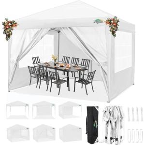 image:imageCOBIZI 10x10 Pop Up Canopy Tent with 4 Removable Sidewalls Waterproof Outdoor Commercial Easy Set Up Gazebo Tent Canopy Tents for PartyExhibitionPicnic with Carry Bag8 Stakes amp 4 Ropes White