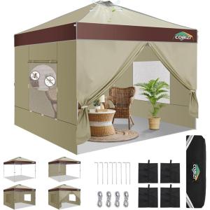 image:imageCOBIZI 10x10 Pop up Canopy Portable Garage with 1Button Push Center Lock Car Port Garage with 1 Sidewalls UV Resistant Waterproof AllSeason Tents Shelter for TruckKhakiDarkBrown