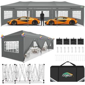 image:imageCOBIZI 10x30 Pop up Canopy Tent for Parties Protable Canopy Tent with 8 Sidewalls Waterproof Commercial Instant Shelter Tent for Wedding Courtyard with Carry Bag and 4 Sandbags10x30FT Grey