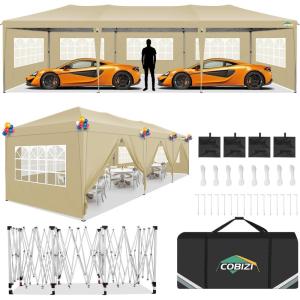 image:imageCOBIZI 10x30 Pop up Canopy Tent for Parties Protable Canopy Tent with 8 Sidewalls Waterproof Commercial Instant Shelter for Wedding Courtyard with Carry Bag and 4 Sandbags10x30FT Khaki