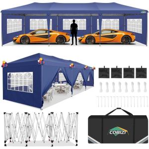 image:imageCOBIZI 10x30 Pop up Canopy Tent for Parties Protable Canopy Tent with 8 Sidewalls Waterproof Commercial Instant Shelter for Wedding Courtyard with Carry Bag and 4 Sandbags10x30FT Navy Blue