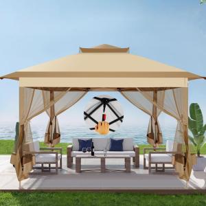 image:imageCOBIZI 11x11 Pop Up Gazebo OnePush Canopy Tent Carpas Para Patio Outdoor Canopy Shelter with Double Roof Ventiation 121 Square Feet of Shade for Lawn Garden Backyard and Deck Gray Upgraded 20Khaki