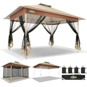 image:imageCOBIZI 11x11 Pop Up Gazebo OnePush Canopy Tent Carpas Para Patio Outdoor Canopy Shelter with Double Roof Ventiation 121 Square Feet of Shade for Lawn Garden Backyard and Deck Gray Upgraded 20KhakiUpgraded