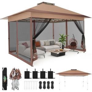 image:imageCOBIZI 12x12 Pop Up Gazebo On Clearance  Upgrade Easy Up Metal Outdoor Canopy Waterproof  Portable Gazebo with Mosquito Nettings 4 Ropes 8 Stakes and Carry Bag for Patio GardenLight GrayCoffee