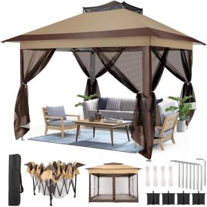 image:imageCOBIZI 12x12 Pop Up Gazebo On Clearance  Upgrade Easy Up Metal Outdoor Canopy Waterproof  Portable Gazebo with Mosquito Nettings 4 Ropes 8 Stakes and Carry Bag for Patio GardenLight GrayCoffeeUPF50