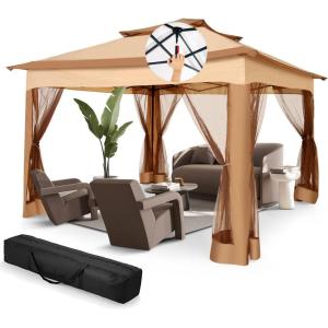 image:imageCOBIZI 12x12 Pop Up Gazebo On Clearance  Upgrade Easy Up Metal Outdoor Canopy Waterproof  Portable Gazebo with Mosquito Nettings 4 Ropes 8 Stakes and Carry Bag for Patio GardenLight GrayKhakiUPF50