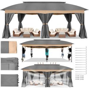image:imageCOBIZI Gazebo 12x20 Heavy Duty Gazebo with Curtain and Nettings Outdoor Gazebo Double Roof Patio Gazebo with Metal Steel Frame Gazebo Tent for Patio Deck Backyard Gray Arc Top Curtain amp Netting