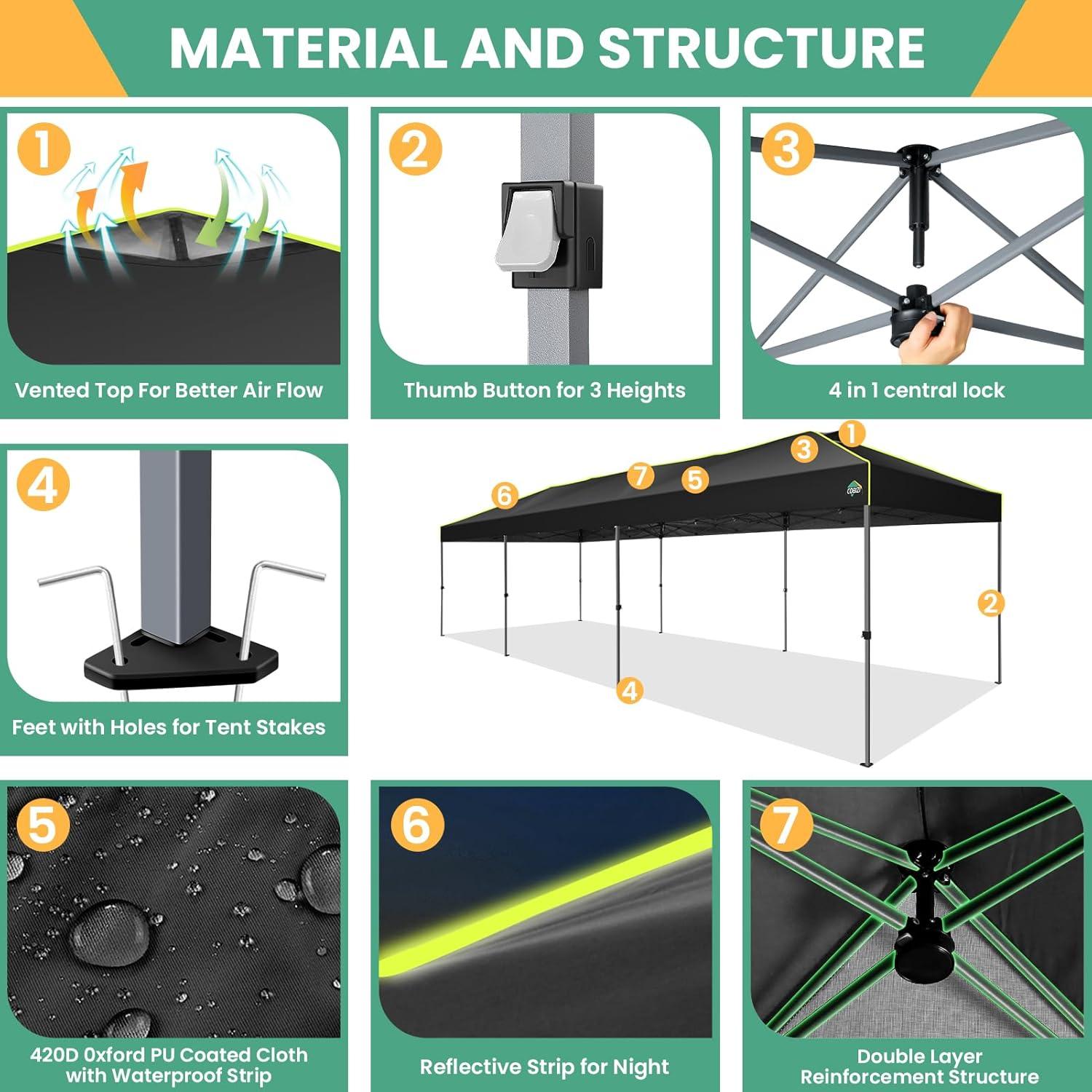 image:imageCOBIZI 10x30 Pop Up Canopy Tent Wedding Party Tent Without Sidewall One Push Setup Glow 3 Adjustable Height Air Vent Waterproof UPF50 Wheeled Bag Sandbag Stake Rope for Commercial Outdoor