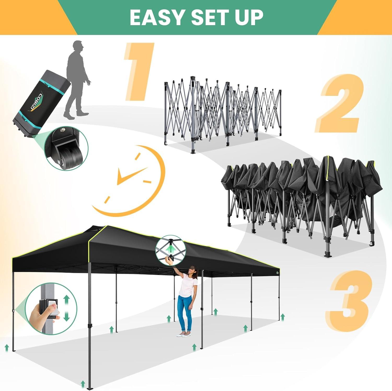 image:imageCOBIZI 10x30 Pop Up Canopy Tent Wedding Party Tent Without Sidewall One Push Setup Glow 3 Adjustable Height Air Vent Waterproof UPF50 Wheeled Bag Sandbag Stake Rope for Commercial Outdoor