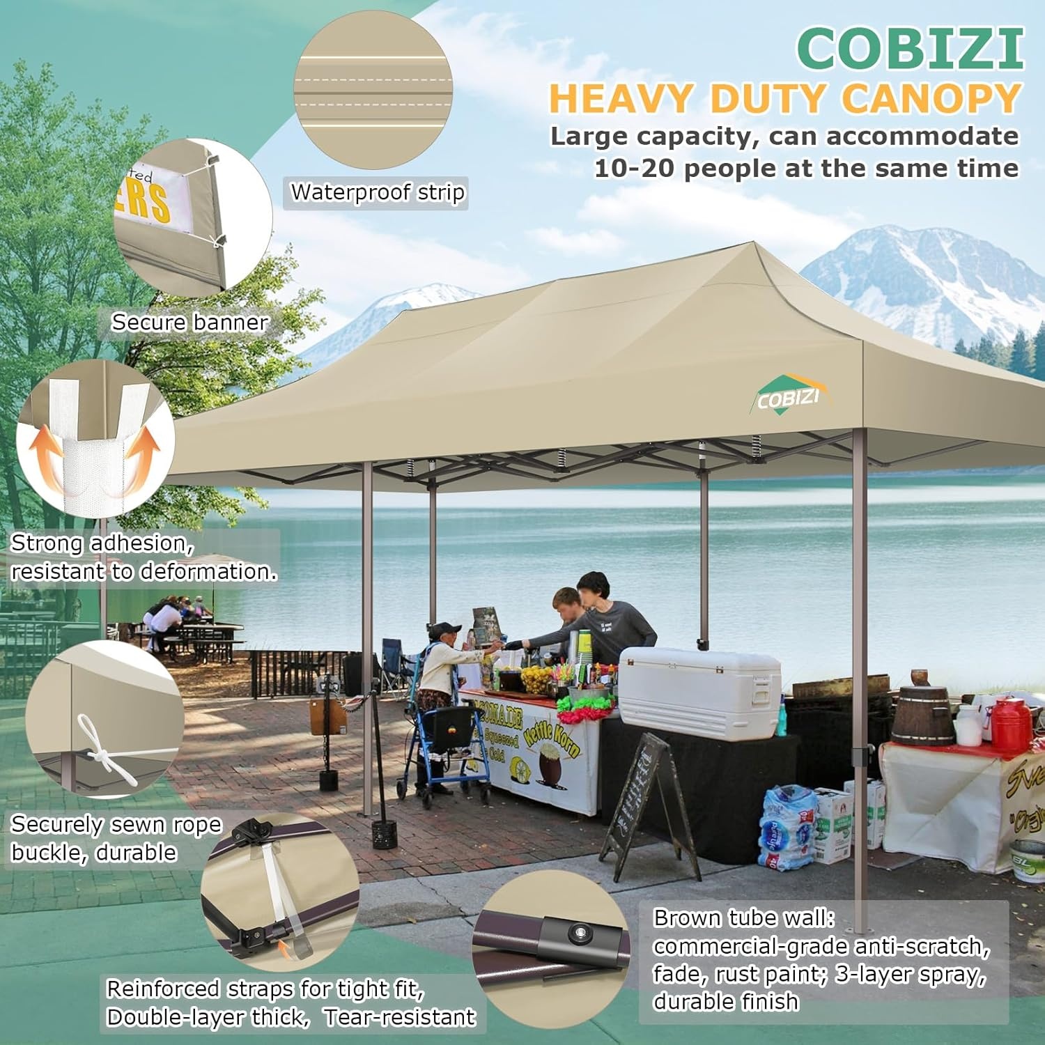 image:imageCOBIZI 10x20 Pop Up Heavy Duty Canopy with Upgrated Hexagonal Legs Easy up Tent for Party Wedding and Commercial Event Outdoor Canopy with Roller Bag Sand Bags Waterproof amp UPF50 BlackKhaki