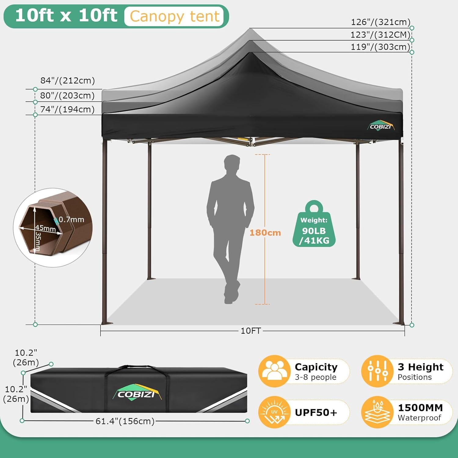 image:imageCOBIZI 10x20 Pop Up Heavy Duty Canopy with Upgrated Hexagonal Legs Easy up Tent for Party Wedding and Commercial Event Outdoor Canopy with Roller Bag Sand Bags Waterproof amp UPF50 BlackBlack