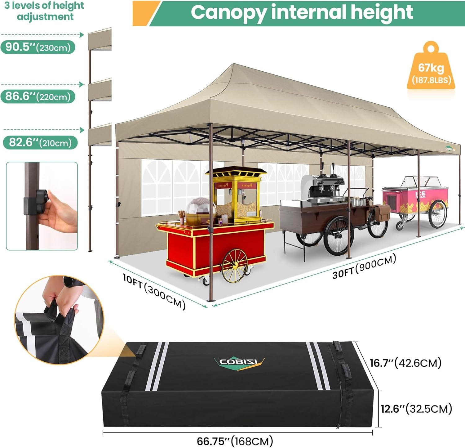 image:imageCOBIZI 10x20 Pop Up Heavy Duty Canopy with Upgrated Hexagonal Legs Easy up Tent for Party Wedding and Commercial Event Outdoor Canopy with Roller Bag Sand Bags Waterproof amp UPF50 BlackKhaki