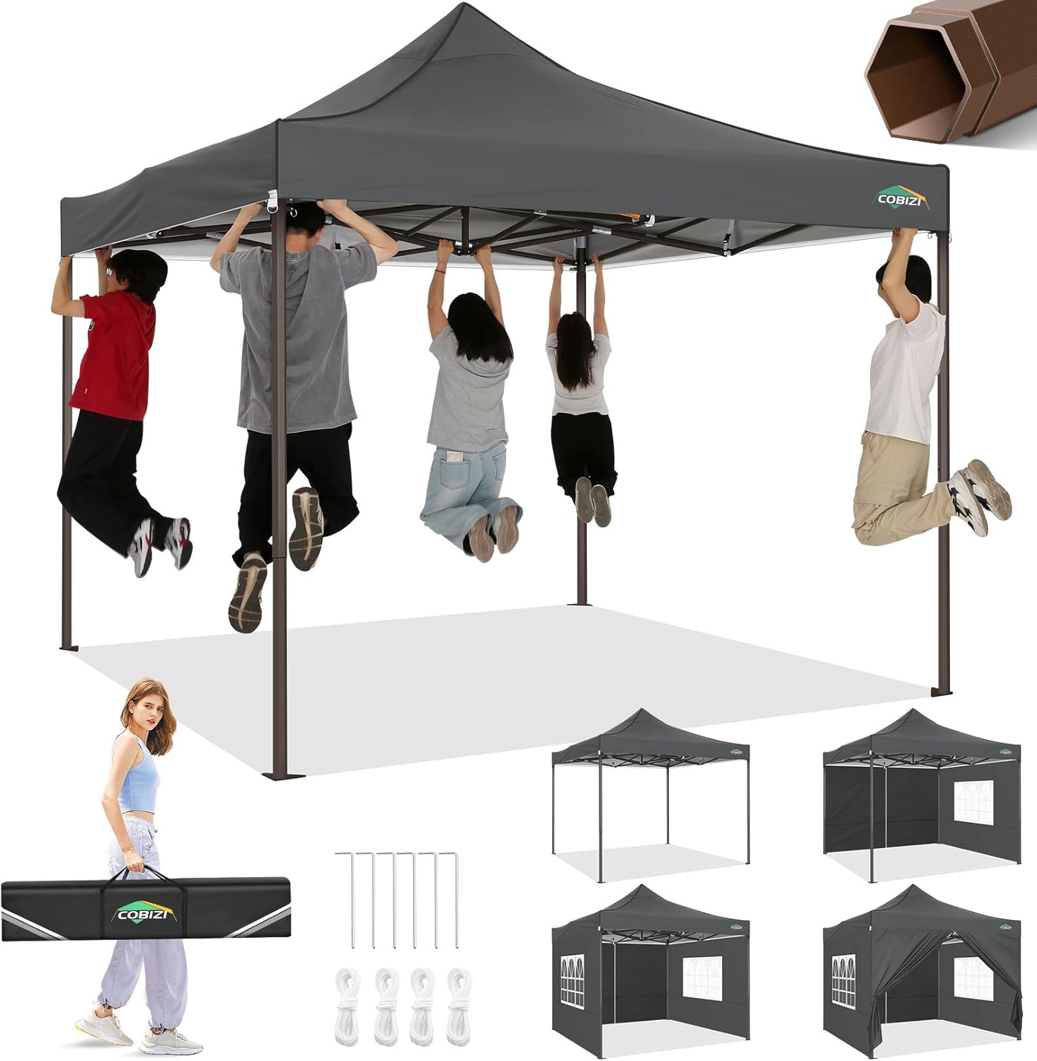 image:imageCOBIZI 10x20 Pop Up Heavy Duty Canopy with Upgrated Hexagonal Legs Easy up Tent for Party Wedding and Commercial Event Outdoor Canopy with Roller Bag Sand Bags Waterproof amp UPF50 BlackGray