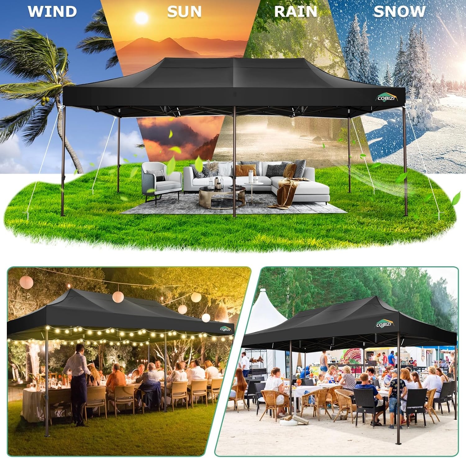 image:imageCOBIZI 10x20 Pop Up Heavy Duty Canopy with Upgrated Hexagonal Legs Easy up Tent for Party Wedding and Commercial Event Outdoor Canopy with Roller Bag Sand Bags Waterproof amp UPF50 BlackBlack
