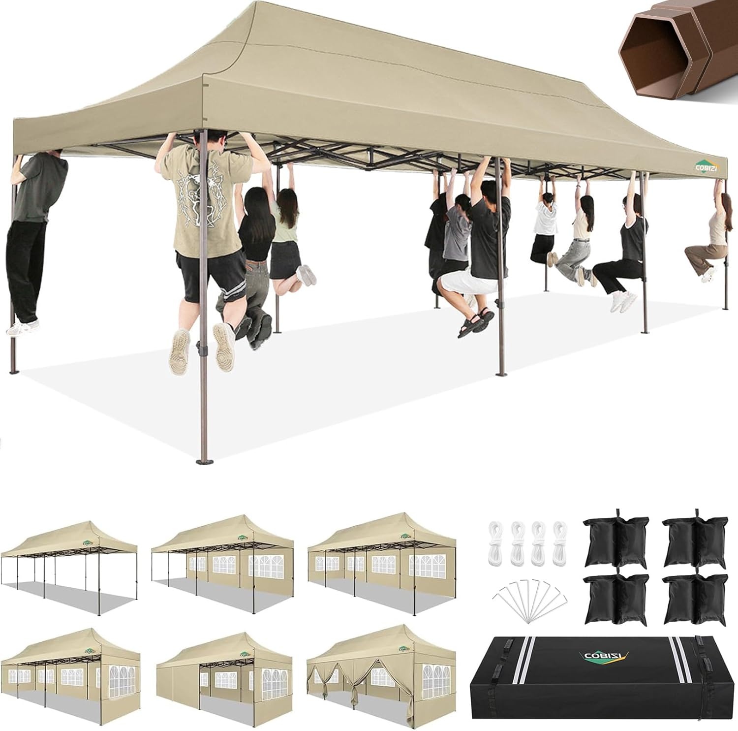 image:imageCOBIZI 10x20 Pop Up Heavy Duty Canopy with Upgrated Hexagonal Legs Easy up Tent for Party Wedding and Commercial Event Outdoor Canopy with Roller Bag Sand Bags Waterproof amp UPF50 BlackKhaki