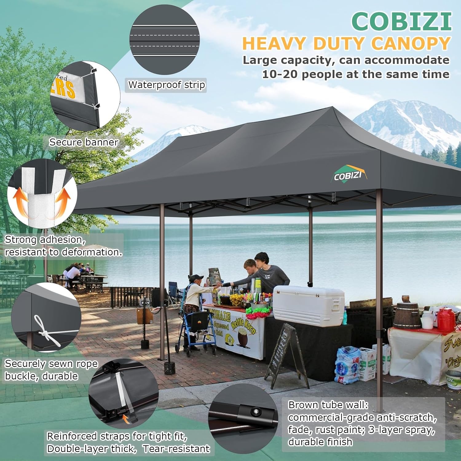 image:imageCOBIZI 10x20 Pop Up Heavy Duty Canopy with Upgrated Hexagonal Legs Easy up Tent for Party Wedding and Commercial Event Outdoor Canopy with Roller Bag Sand Bags Waterproof amp UPF50 BlackGray