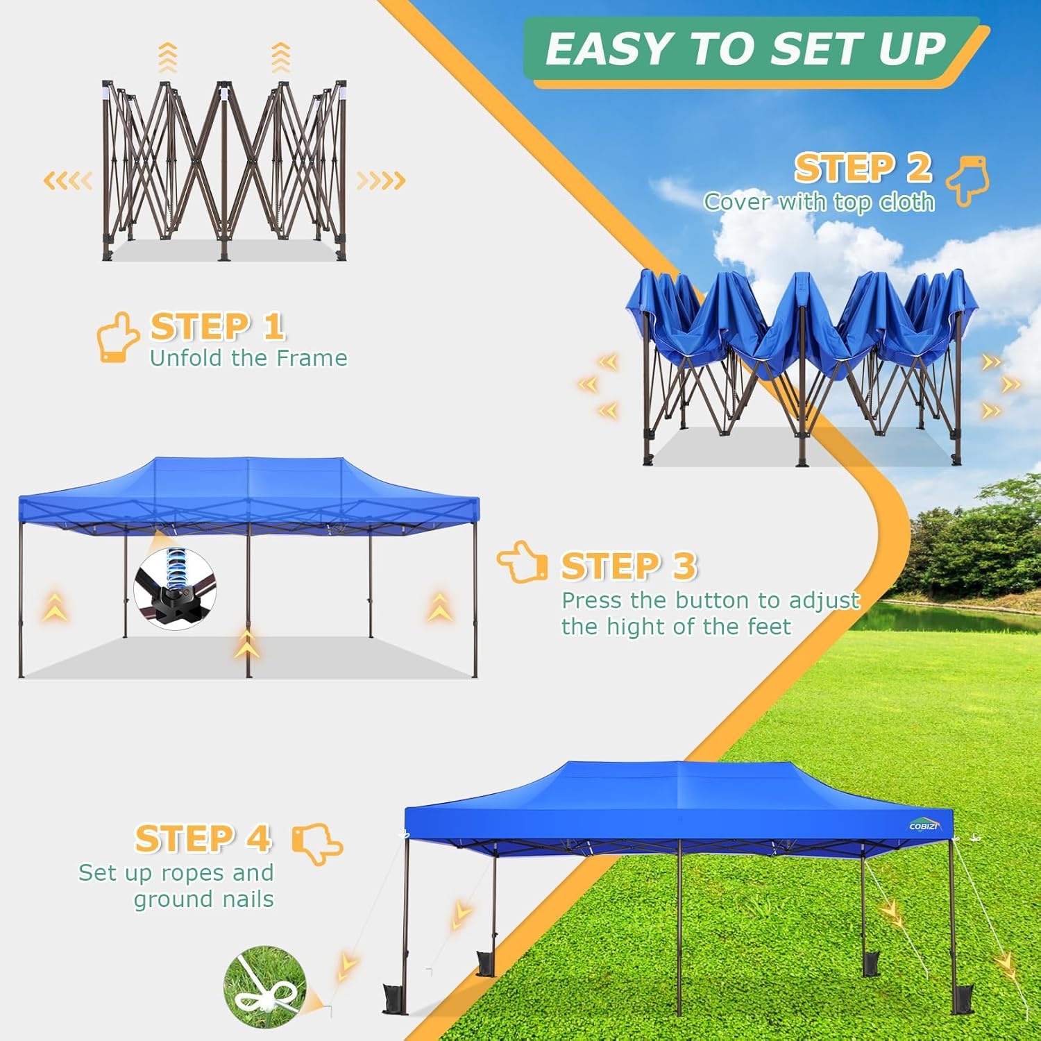 image:imageCOBIZI 10x20 Pop Up Heavy Duty Canopy with Upgrated Hexagonal Legs Easy up Tent for Party Wedding and Commercial Event Outdoor Canopy with Roller Bag Sand Bags Waterproof amp UPF50 BlackBlue