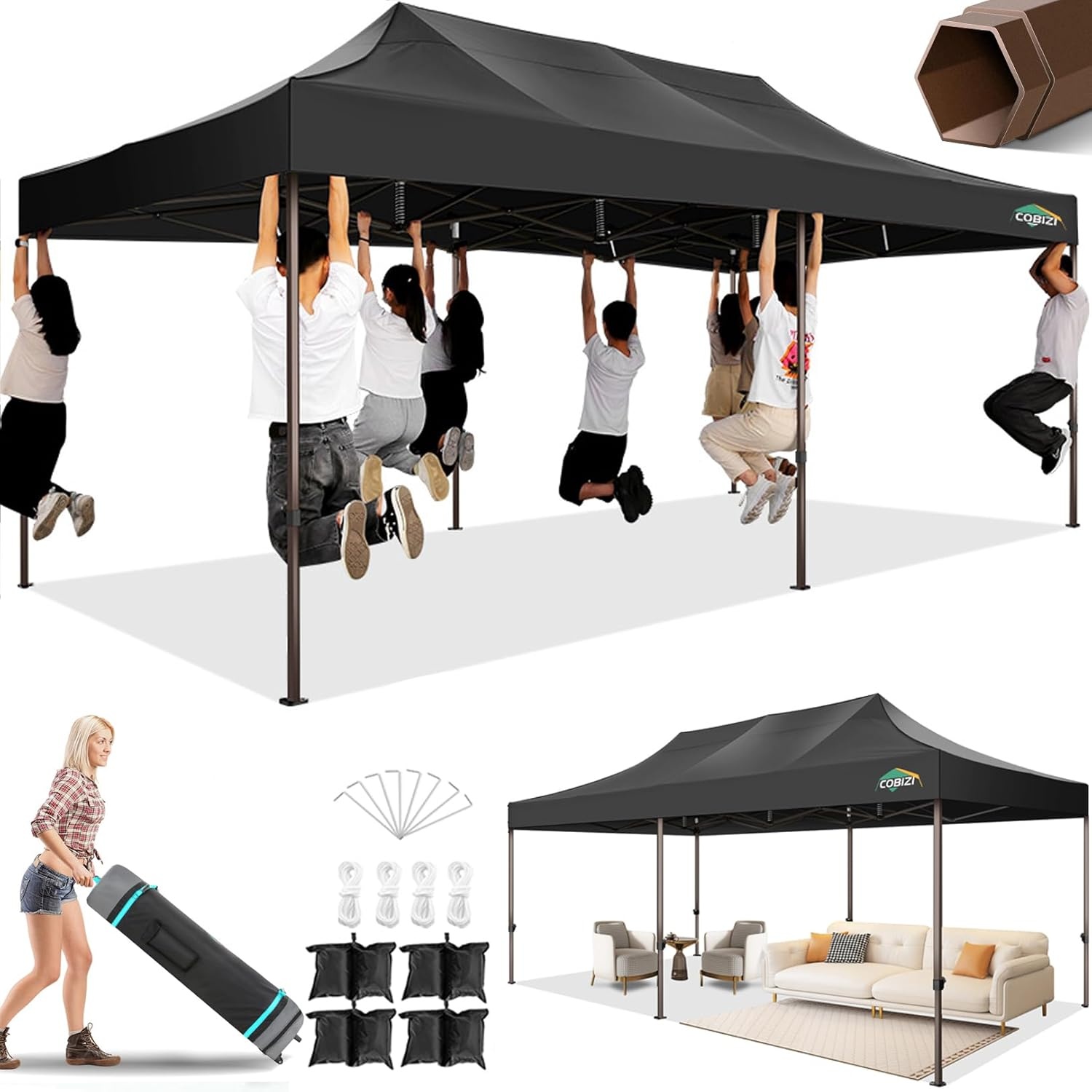 image:imageCOBIZI 10x20 Pop Up Heavy Duty Canopy with Upgrated Hexagonal Legs Easy up Tent for Party Wedding and Commercial Event Outdoor Canopy with Roller Bag Sand Bags Waterproof amp UPF50 BlackBlack