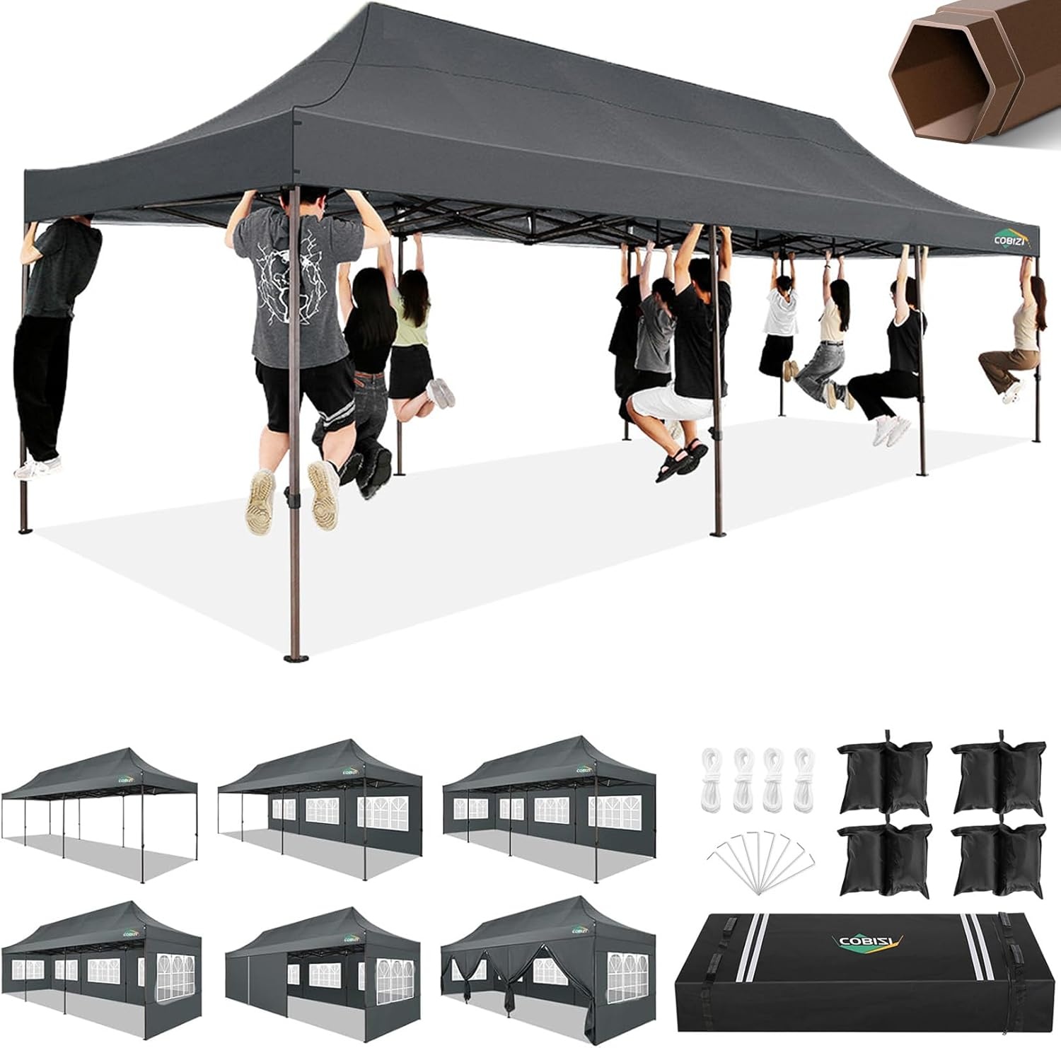 image:imageCOBIZI 10x20 Pop Up Heavy Duty Canopy with Upgrated Hexagonal Legs Easy up Tent for Party Wedding and Commercial Event Outdoor Canopy with Roller Bag Sand Bags Waterproof amp UPF50 BlackGray