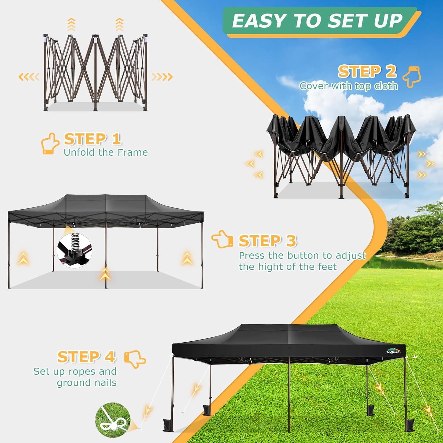 image:imageCOBIZI 10x20 Pop Up Heavy Duty Canopy with Upgrated Hexagonal Legs Easy up Tent for Party Wedding and Commercial Event Outdoor Canopy with Roller Bag Sand Bags Waterproof amp UPF50 BlackBlack