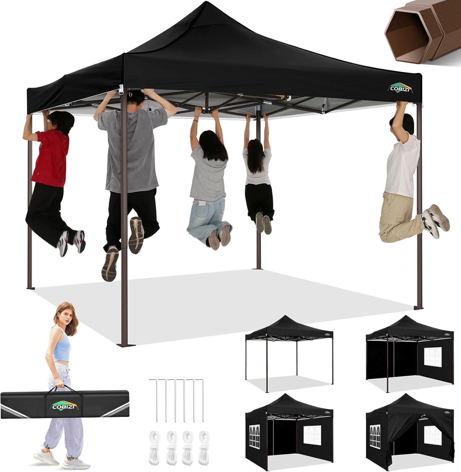 image:imageCOBIZI 10x20 Pop Up Heavy Duty Canopy with Upgrated Hexagonal Legs Easy up Tent for Party Wedding and Commercial Event Outdoor Canopy with Roller Bag Sand Bags Waterproof amp UPF50 BlackBlack