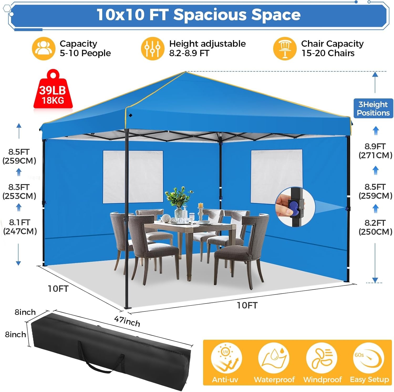 image:imageTOOLUCK Canopy Tent 10x10 Pop Up Canopy with Sidewalls and Rollup Ventilated Windows with Mosquito net Ez Outdoor Commercial Instant Gazebo Tent for Party Waterproof with CarrybagLight BLue1 year warranty