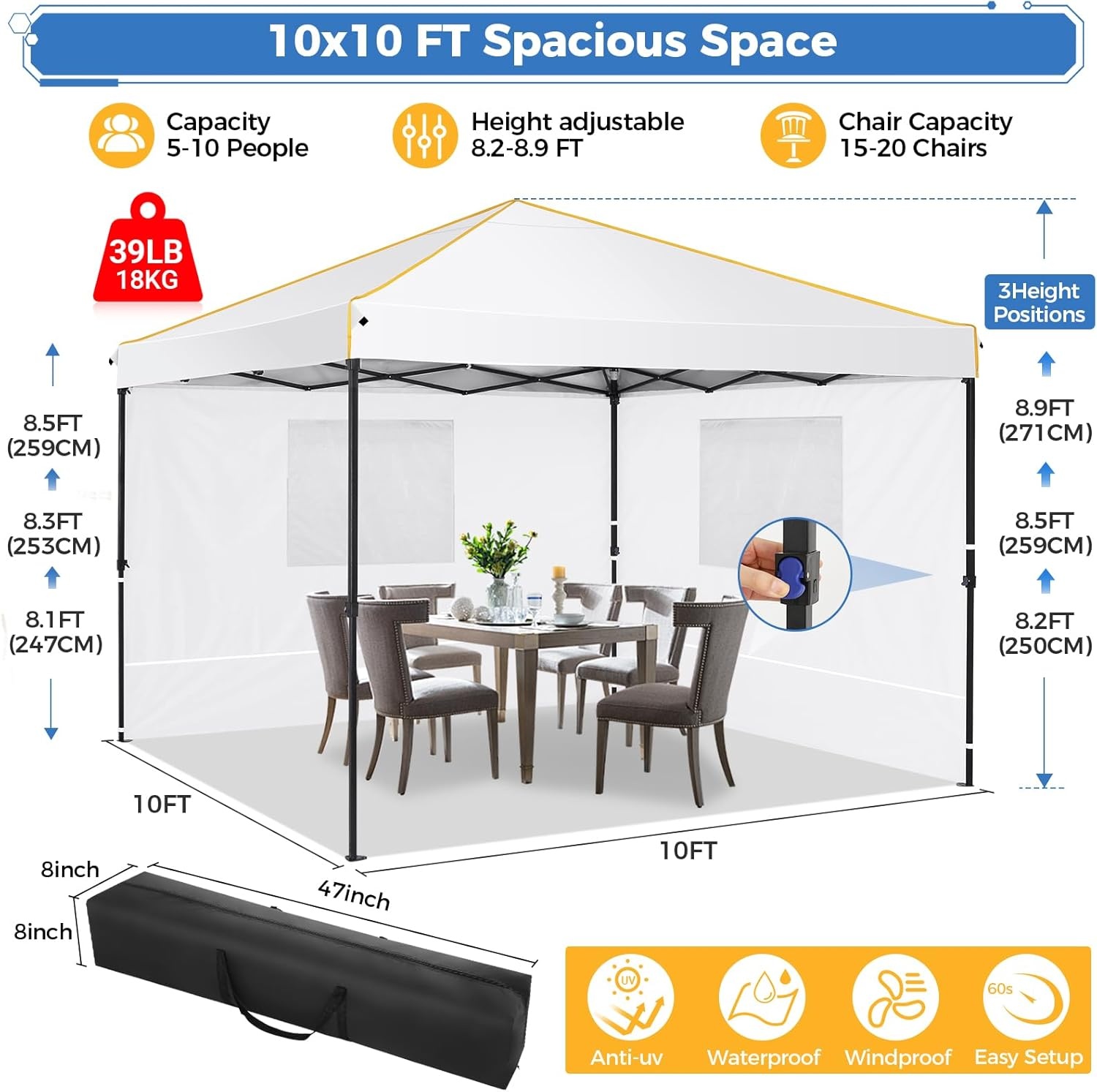 image:imageTOOLUCK Canopy Tent 10x10 Pop Up Canopy with Sidewalls and Rollup Ventilated Windows with Mosquito net Ez Outdoor Commercial Instant Gazebo Tent for Party Waterproof with CarrybagSwan White1 year warranty