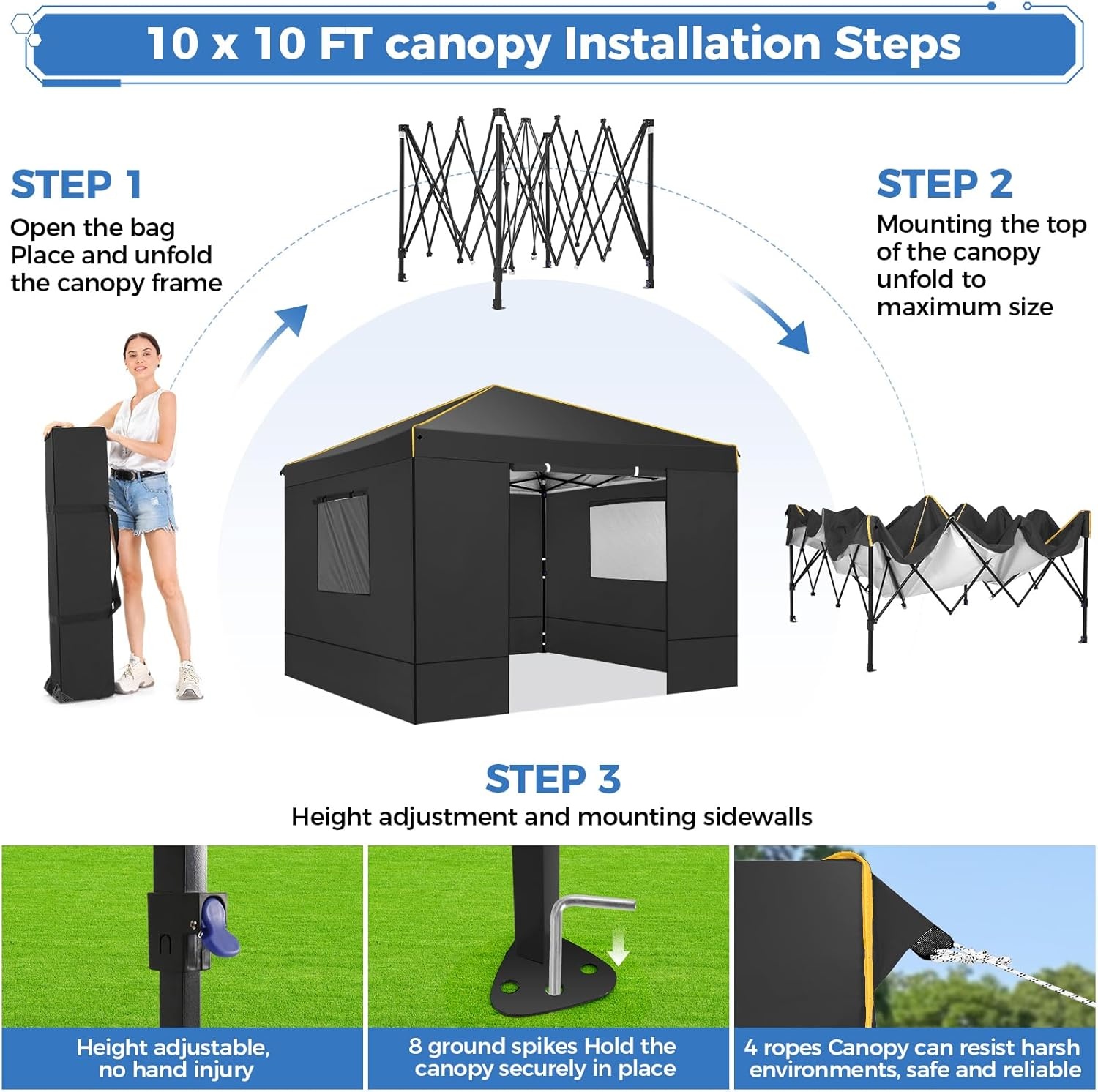 image:imageTOOLUCK Canopy Tent 10x10 Pop Up Canopy with Sidewalls and Rollup Ventilated Windows with Mosquito net Ez Outdoor Commercial Instant Gazebo Tent for Party Waterproof with CarrybagBlack1 year warranty