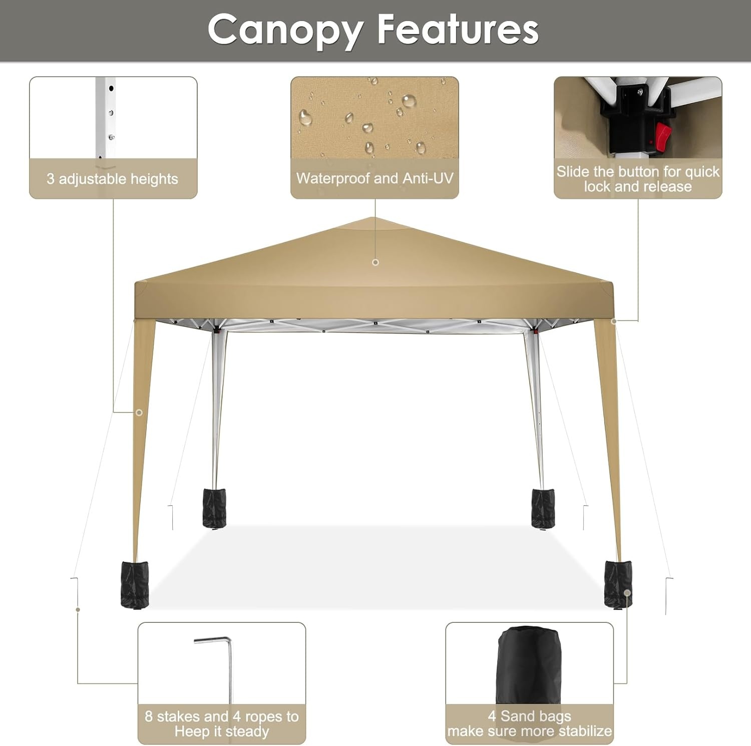 image:imageTOOLUCK Canopy Tent 10x10 Pop Up Canopy with Sidewalls and Rollup Ventilated Windows with Mosquito net Ez Outdoor Commercial Instant Gazebo Tent for Party Waterproof with CarrybagKhaki
