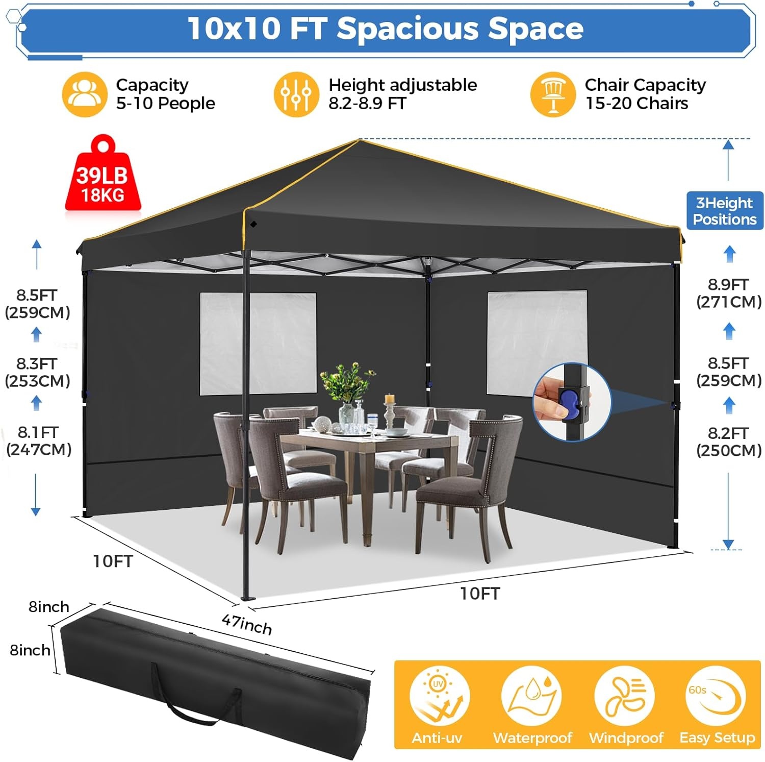 image:imageTOOLUCK Canopy Tent 10x10 Pop Up Canopy with Sidewalls and Rollup Ventilated Windows with Mosquito net Ez Outdoor Commercial Instant Gazebo Tent for Party Waterproof with CarrybagBlack1 year warranty